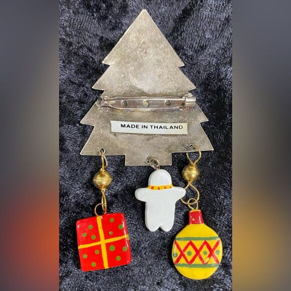 Vintage Sliver Tone Metal Christmas Tree Brooch Pin Dangle Charms 80s Jewelry - Picture 2 of 5